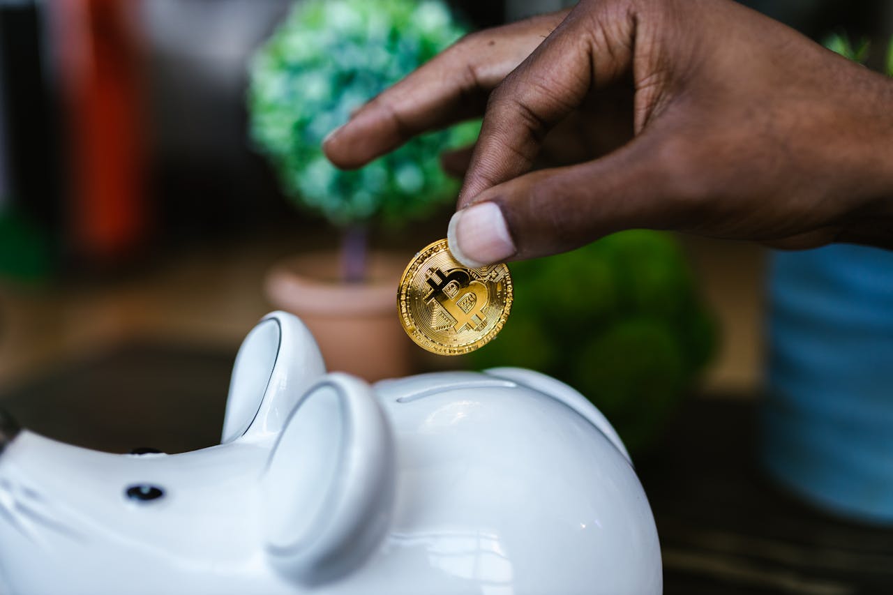 services-02 A close-up of a hand placing a bitcoin into a white piggy bank, symbolizing investment and savings.